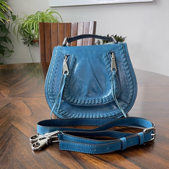 Rebecca Minkoff Small Vanity Leather Saddle Bag Blue Crossbody Strap - Picture 1 of 16
